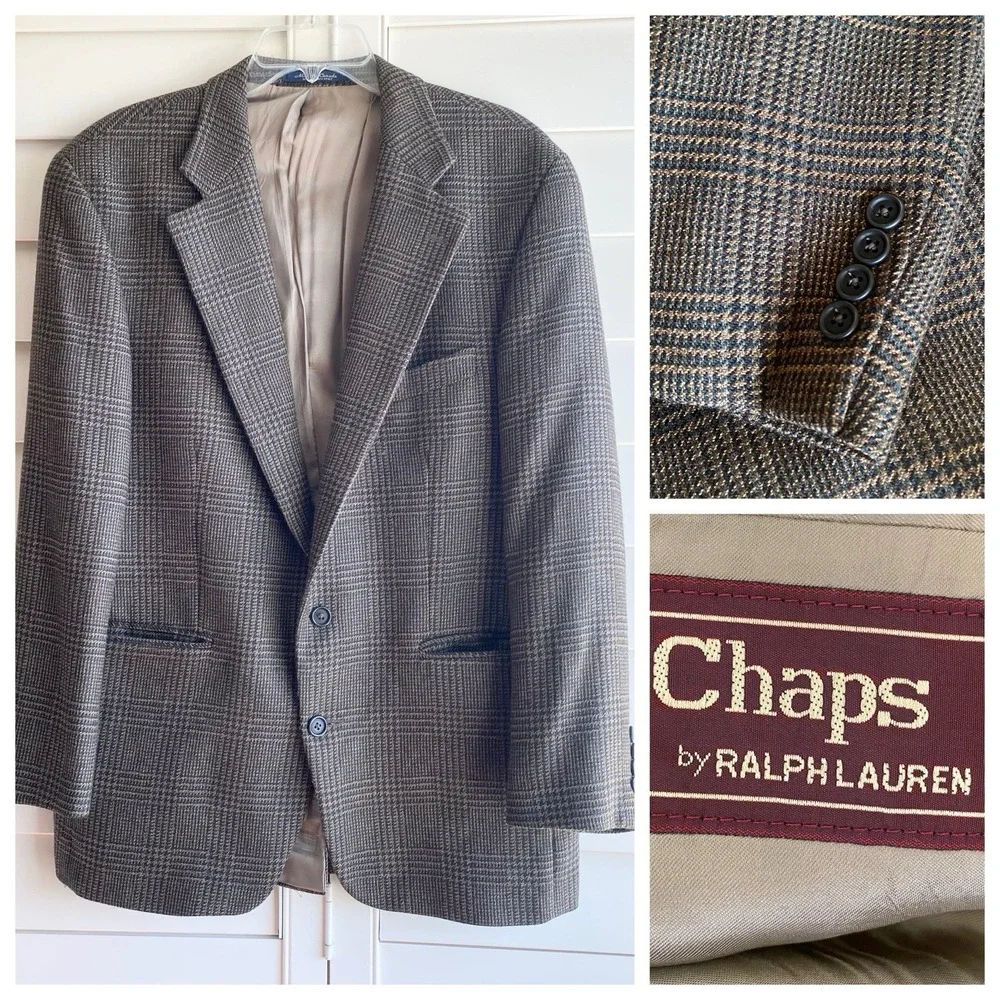 VTG Chaps Ralph Lauren Blazer Men 41R Olive Brown Houndstooth Canada Coat Wool